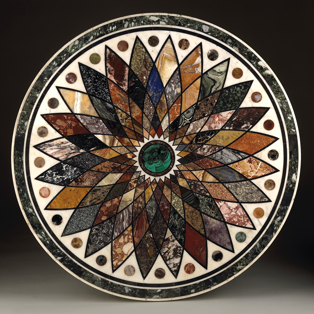 Important pietra dura marble table top, on a bronze and cast iron base